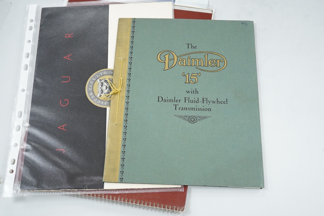 Six 1930s to 1960s Jaguar and Daimler motor car manufacturer’s brochures; the Daimler 15 (produced 1932-37), a folding poster of the 1930s Daimler range, the Jaguar XK140 (produced 1954-57), the Jaguar Mk.II (produced 19